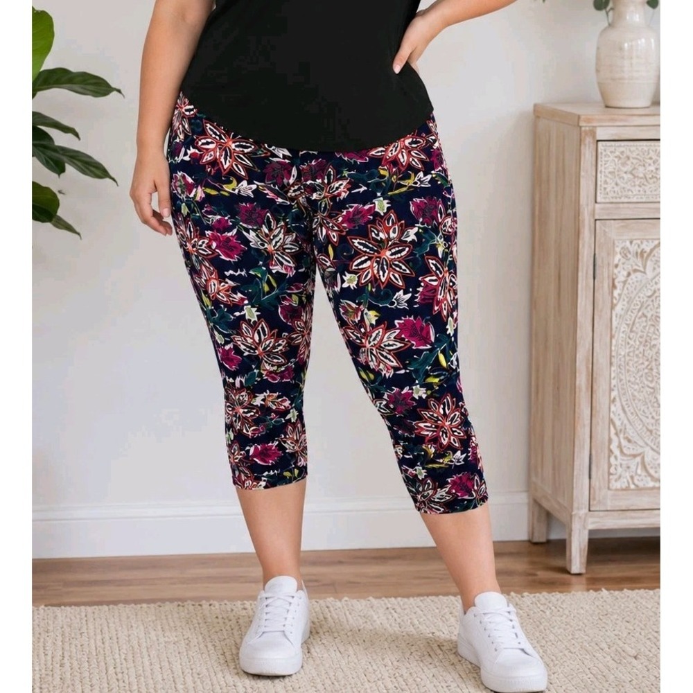 Terra & Sky 2X 20W 22W Floral Pull On Stretch Leggings Navy